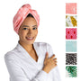 Woman wearing a pink towel with various patterned towel options displayed on the right.