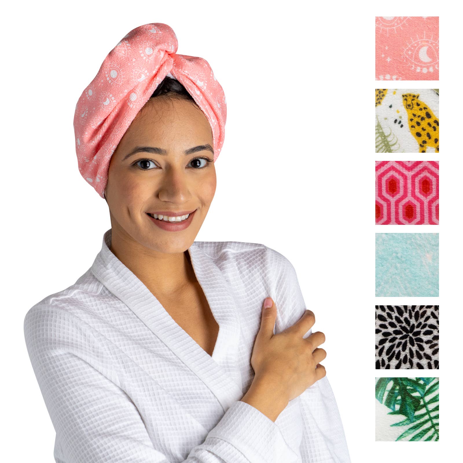 Woman wearing a pink towel with various patterned towel options displayed on the right.