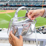 Clear handbag with a baseball field in the background