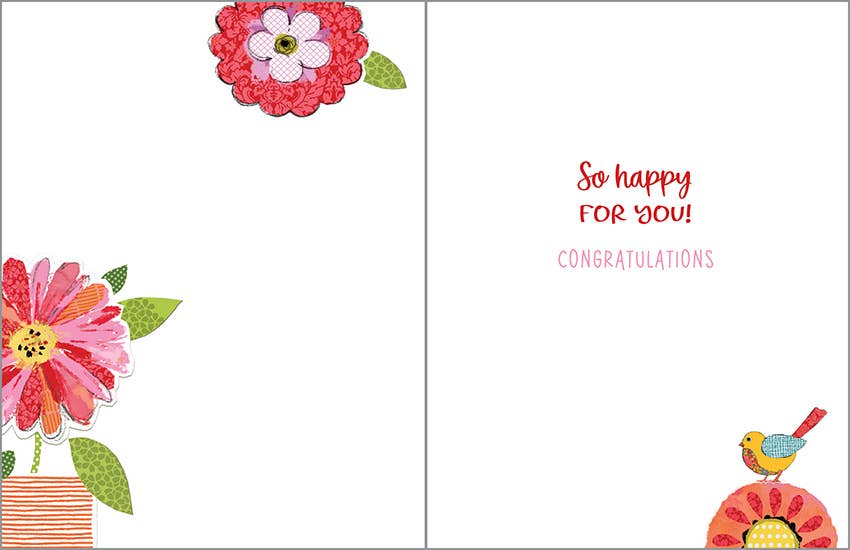 Greeting card with colorful flowers and a bird, featuring text 'So happy for you! Congratulations'.