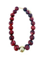 Chunky beaded necklace with maroon round beads, rainbow speckles, and gold-toned spacers