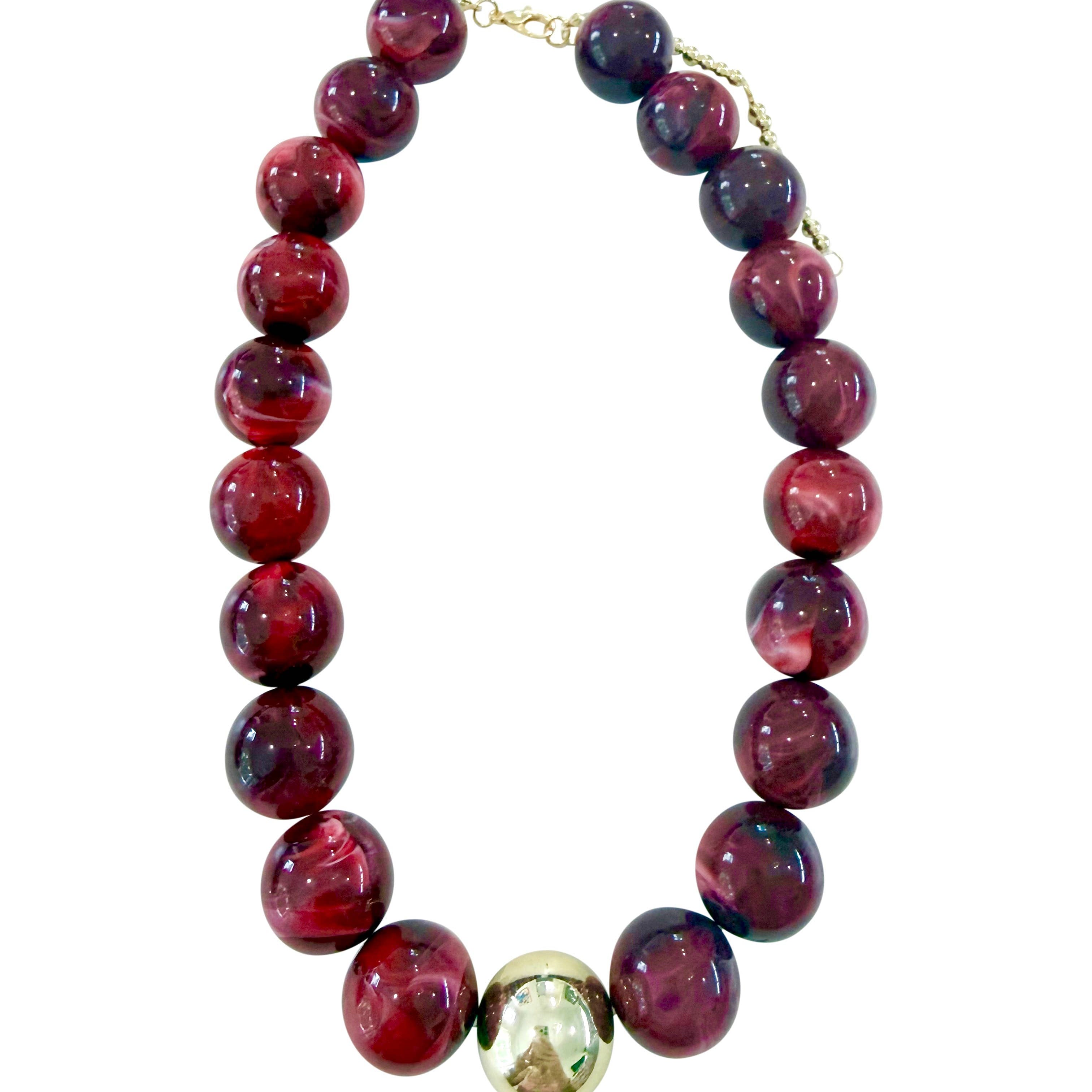 Chunky beaded necklace with maroon round beads, rainbow speckles, and gold-toned spacers