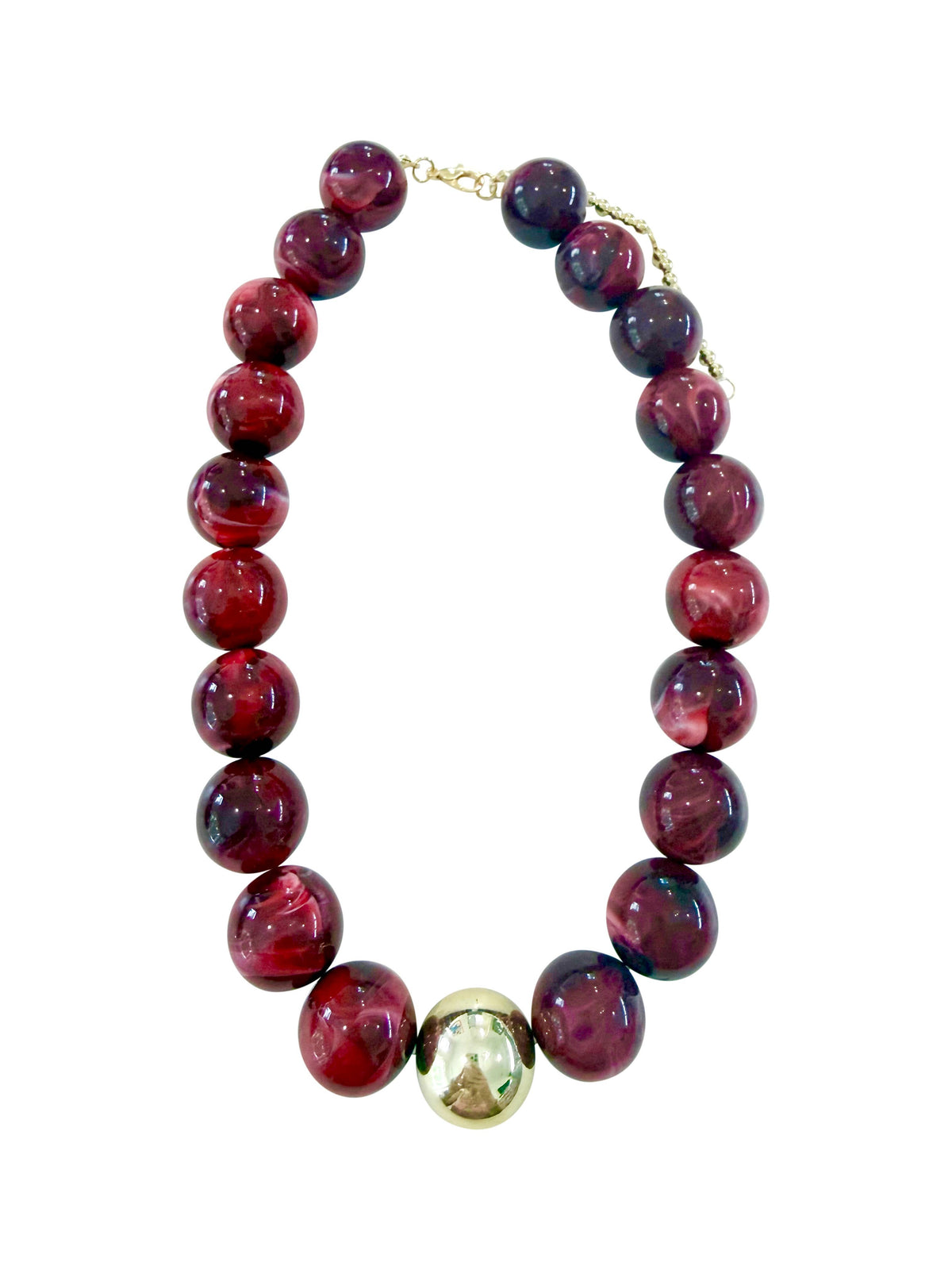 Chunky beaded necklace with maroon round beads, rainbow speckles, and gold-toned spacers