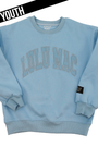 Light blue sweatshirt with 'LULU MAC' branding on a white background