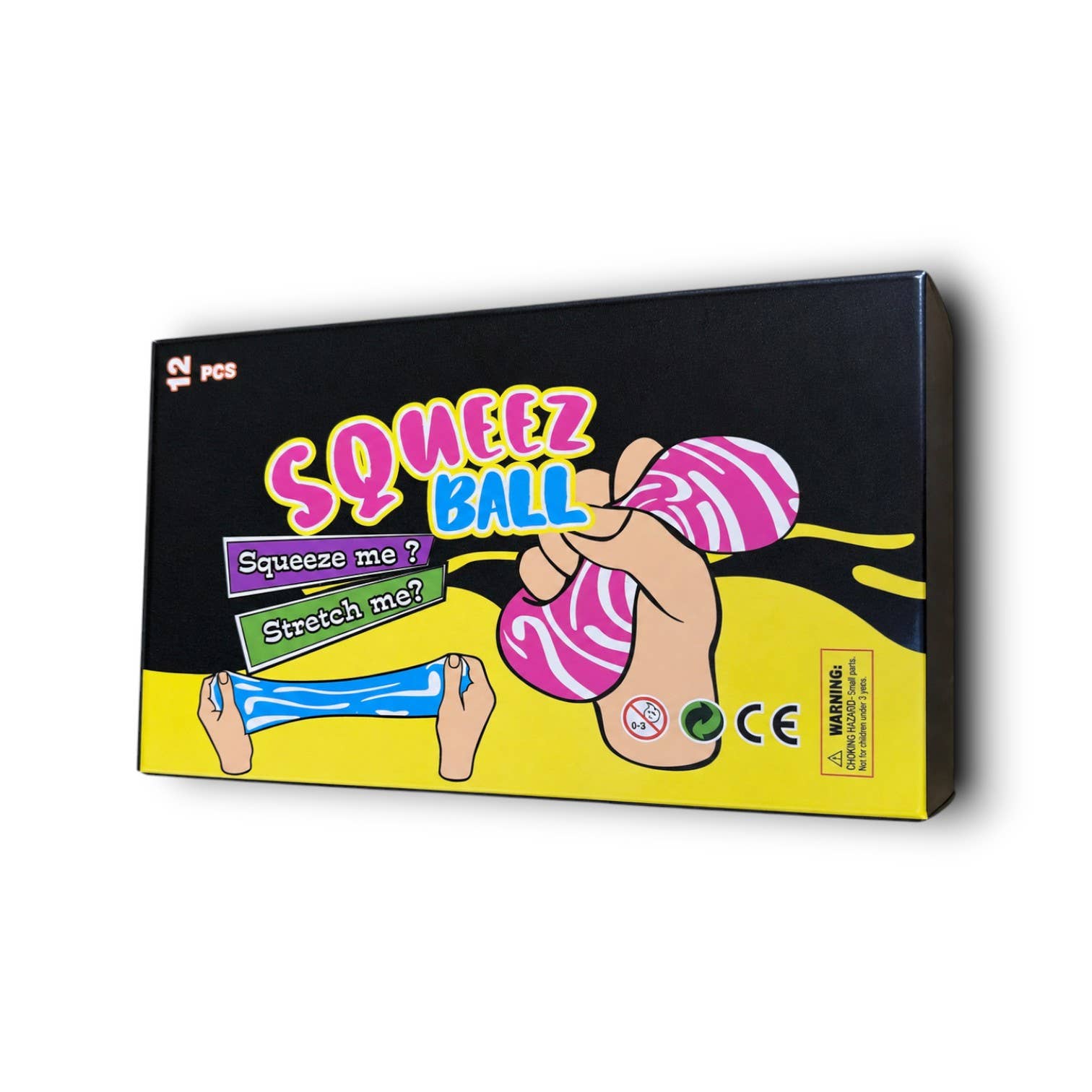 Box of Squeez Ball toys with colorful design on a white background