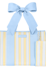 Light blue and yellow striped tote bag with a large bow on a transparent background