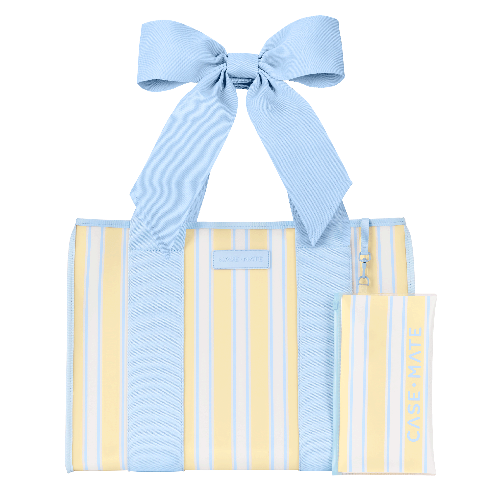 Light blue and yellow striped tote bag with a large bow on a transparent background