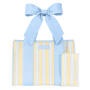 Light blue and yellow striped tote bag with a large bow on a transparent background