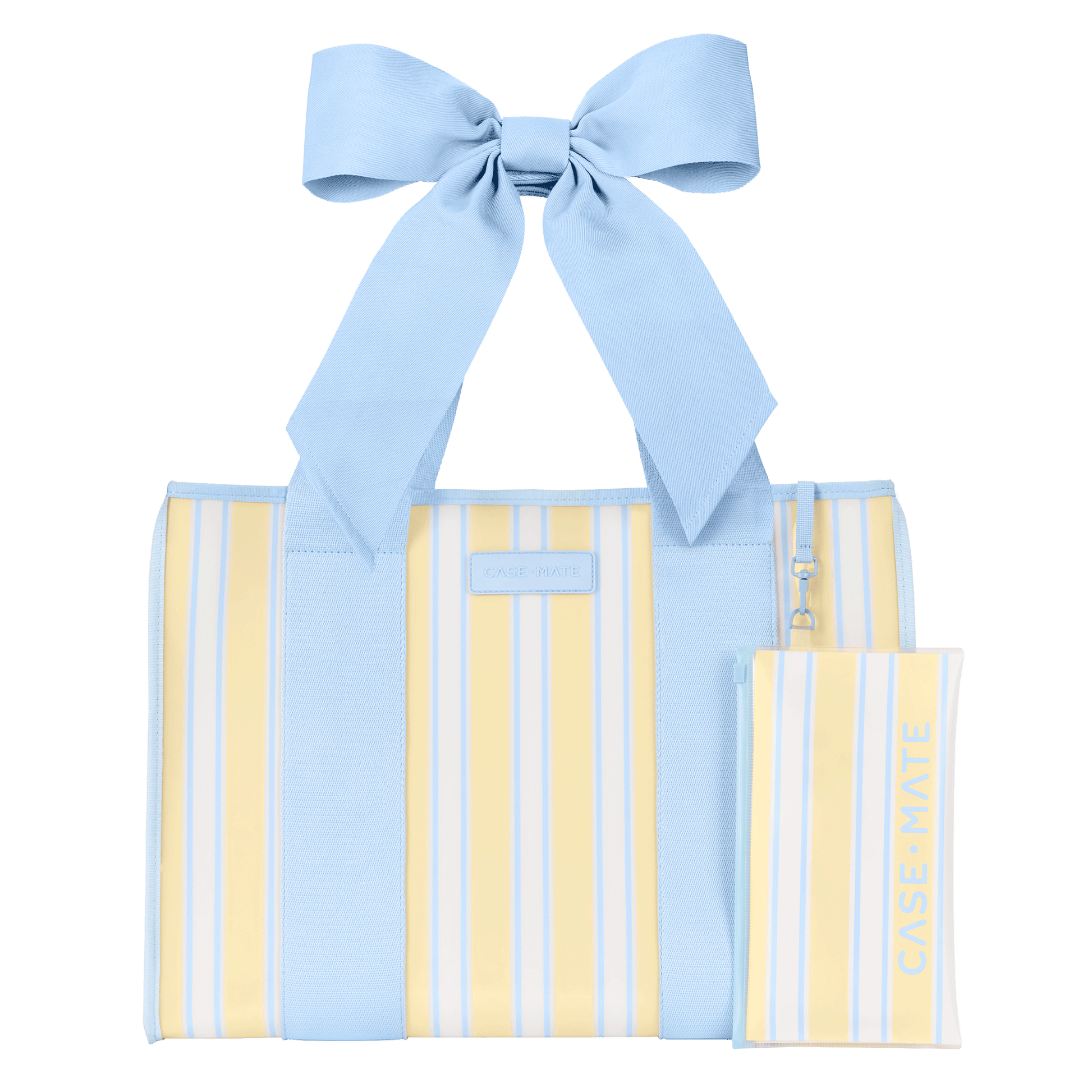 Light blue and yellow striped tote bag with a large bow on a transparent background