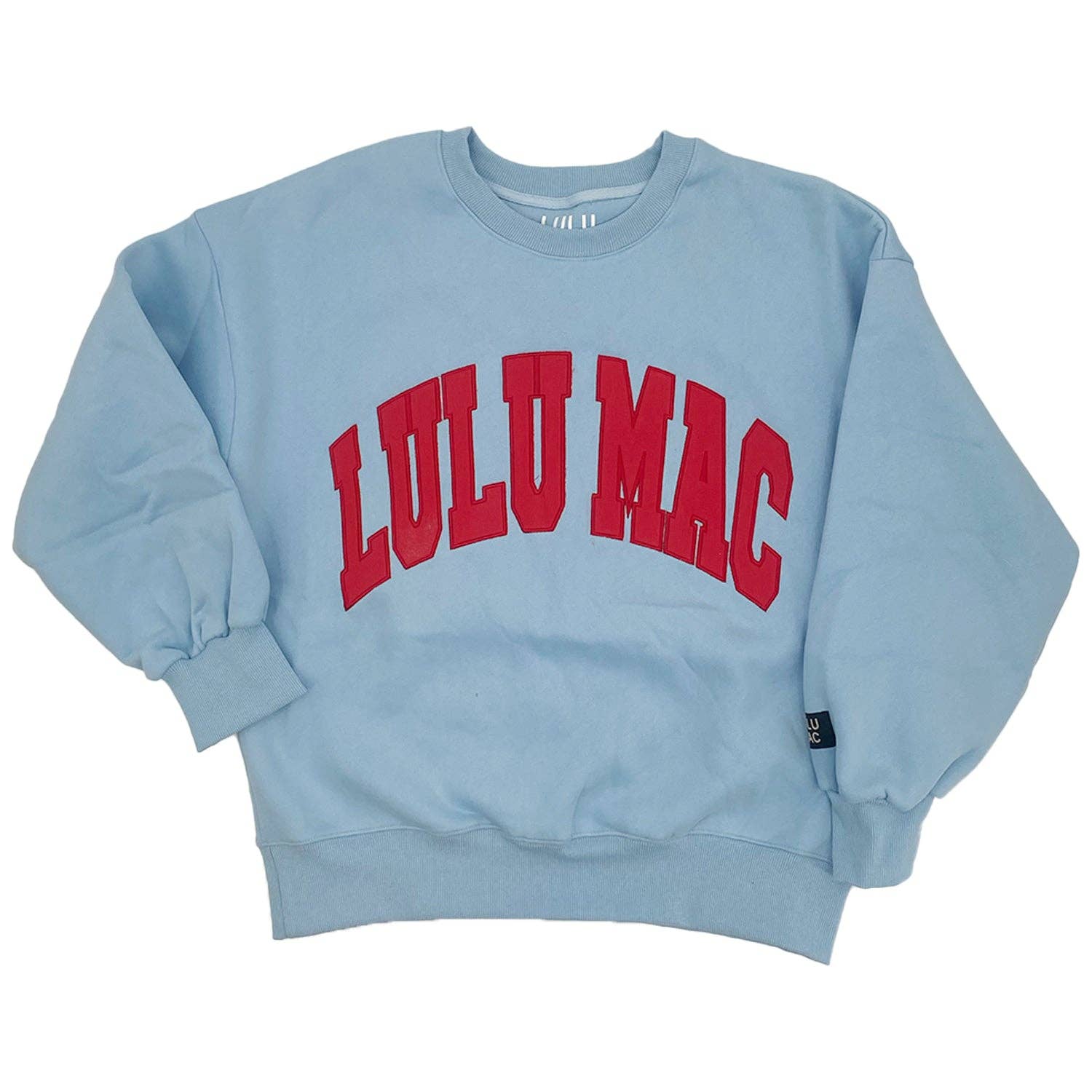 Light blue sweatshirt with red 'LULU MAC' text on a white background