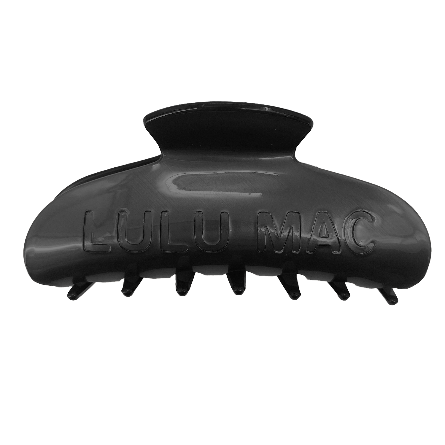 Black hair clip with 'Lulu Mac' branding on a white background