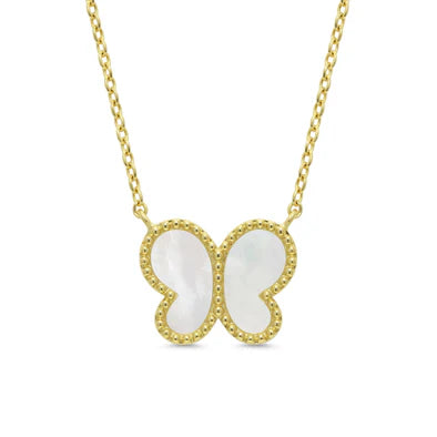 Butterfly-shaped pendant on a gold chain against a white background