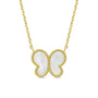 Butterfly-shaped pendant on a gold chain against a white background