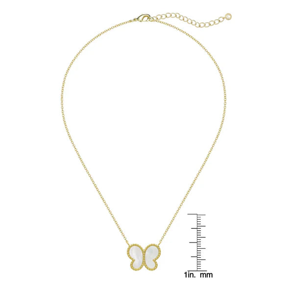 Gold butterfly necklace with a chain on a white background