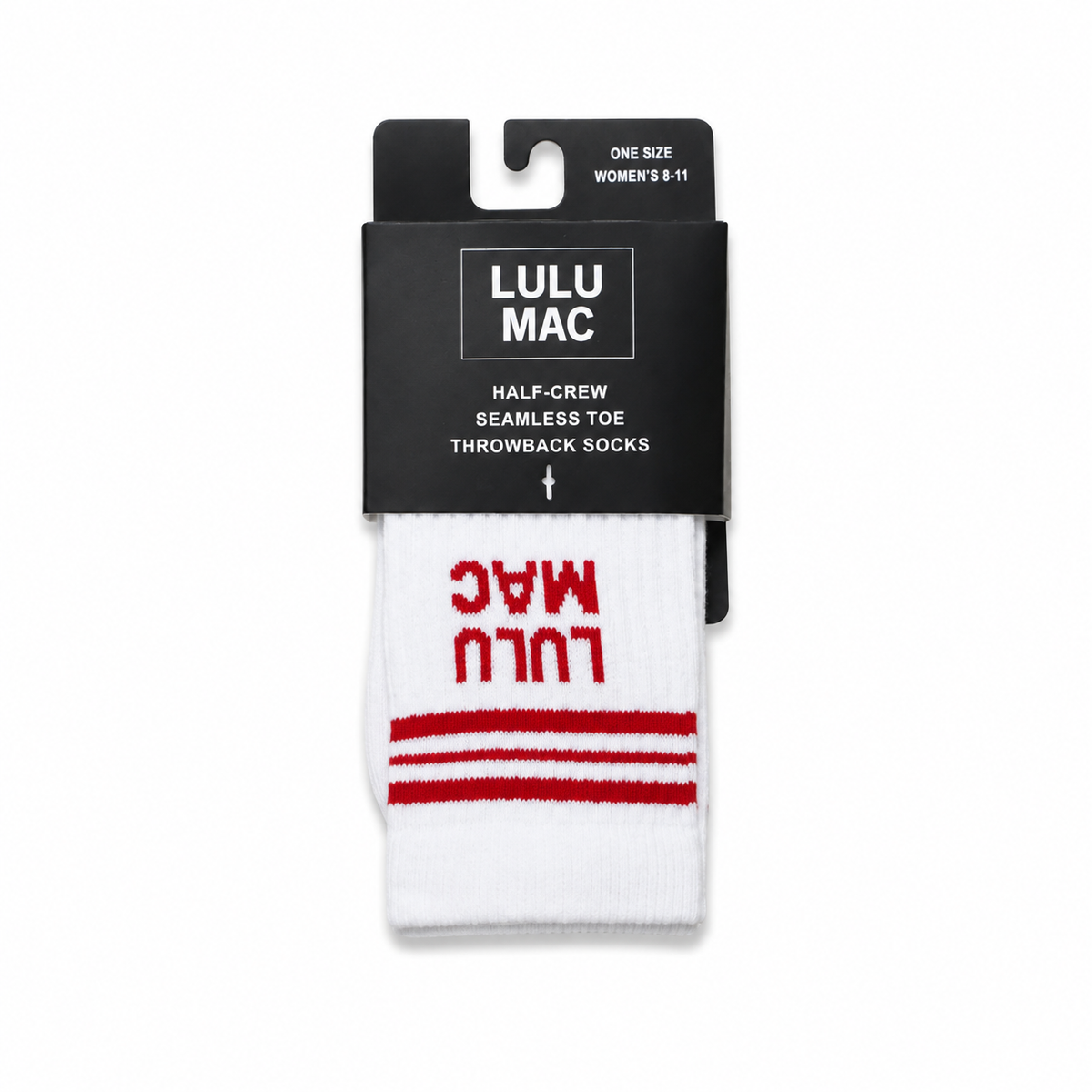 White crew socks with red striped band; LULU MAC text on the cuff