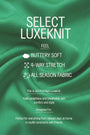 Green fabric with text describing Luxeknit properties on a green background