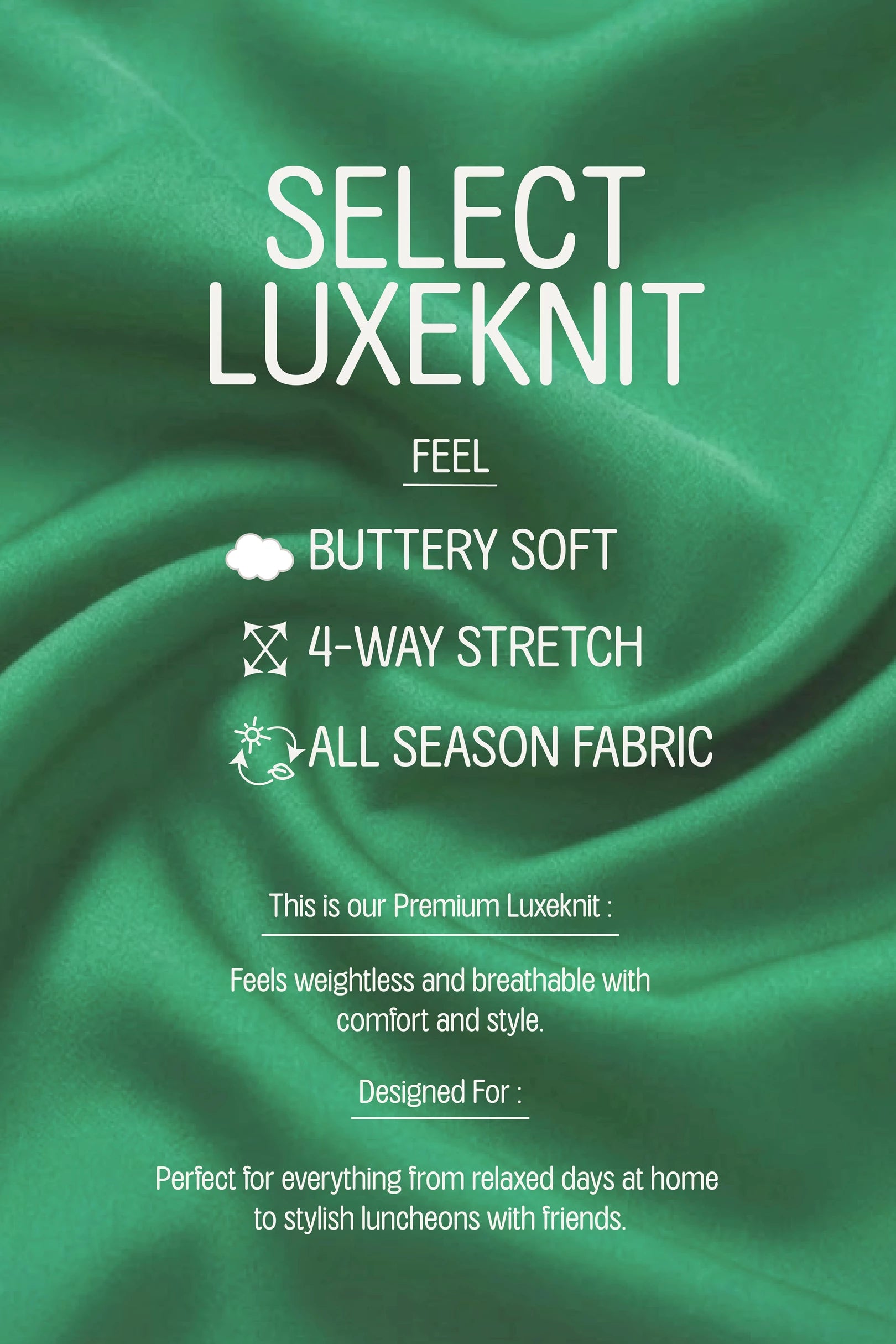 Green fabric with text describing Luxeknit properties on a green background