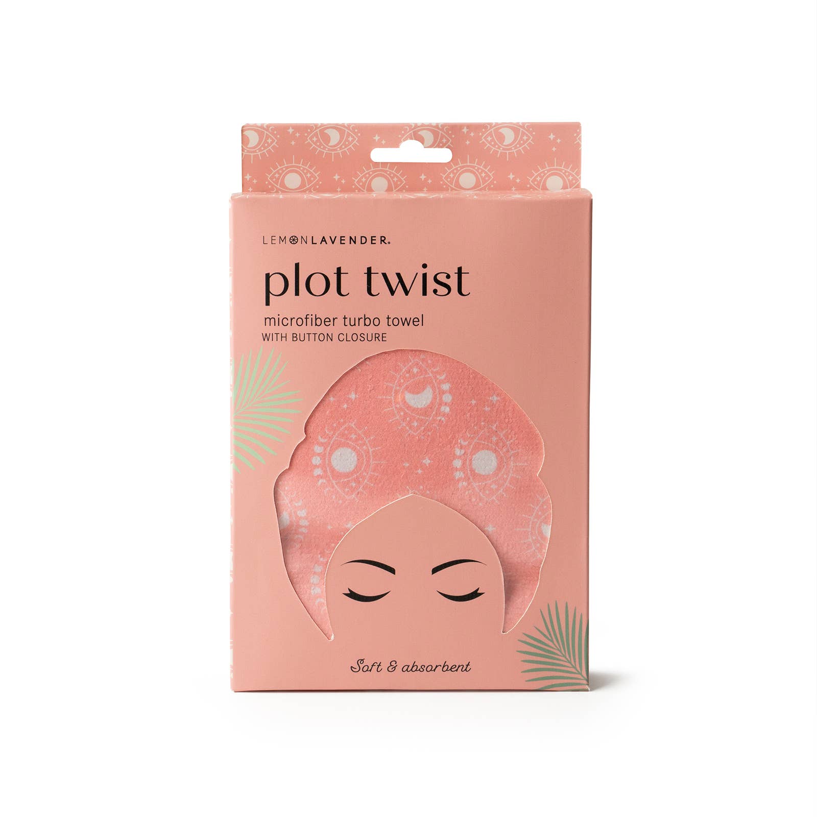 Package of 'plot twist' microfiber turbo towel with a pink design on a white background