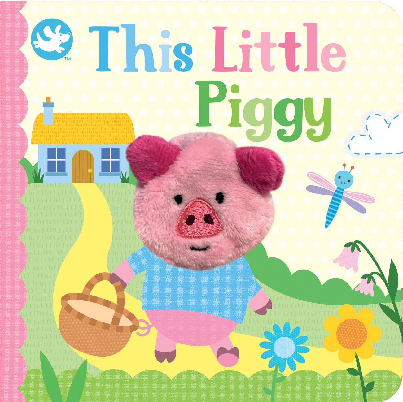 Children's book cover of "This Little Piggy" with a pink pig character and colorful background