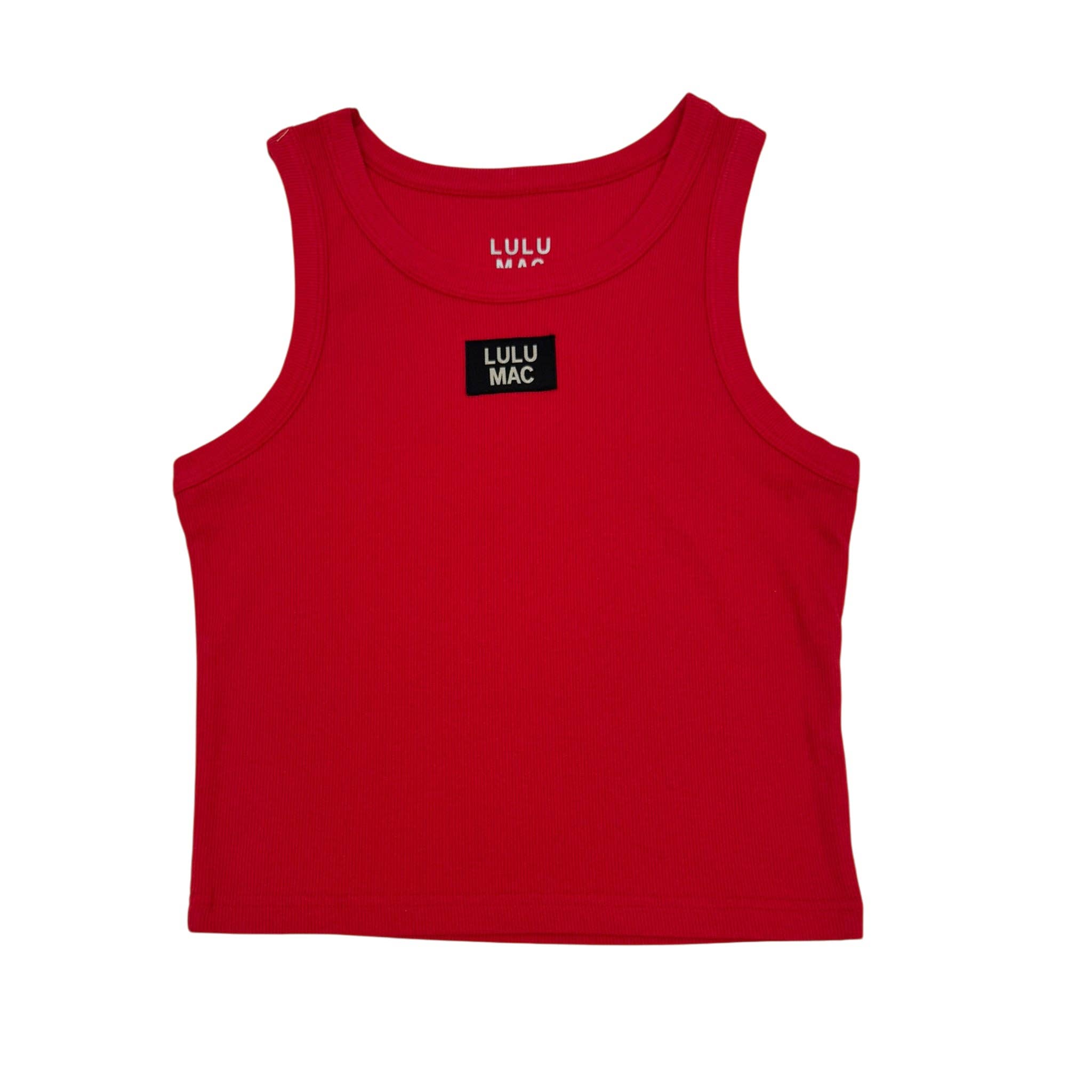 Red tank top with 'LULU MAC' branding on a white background