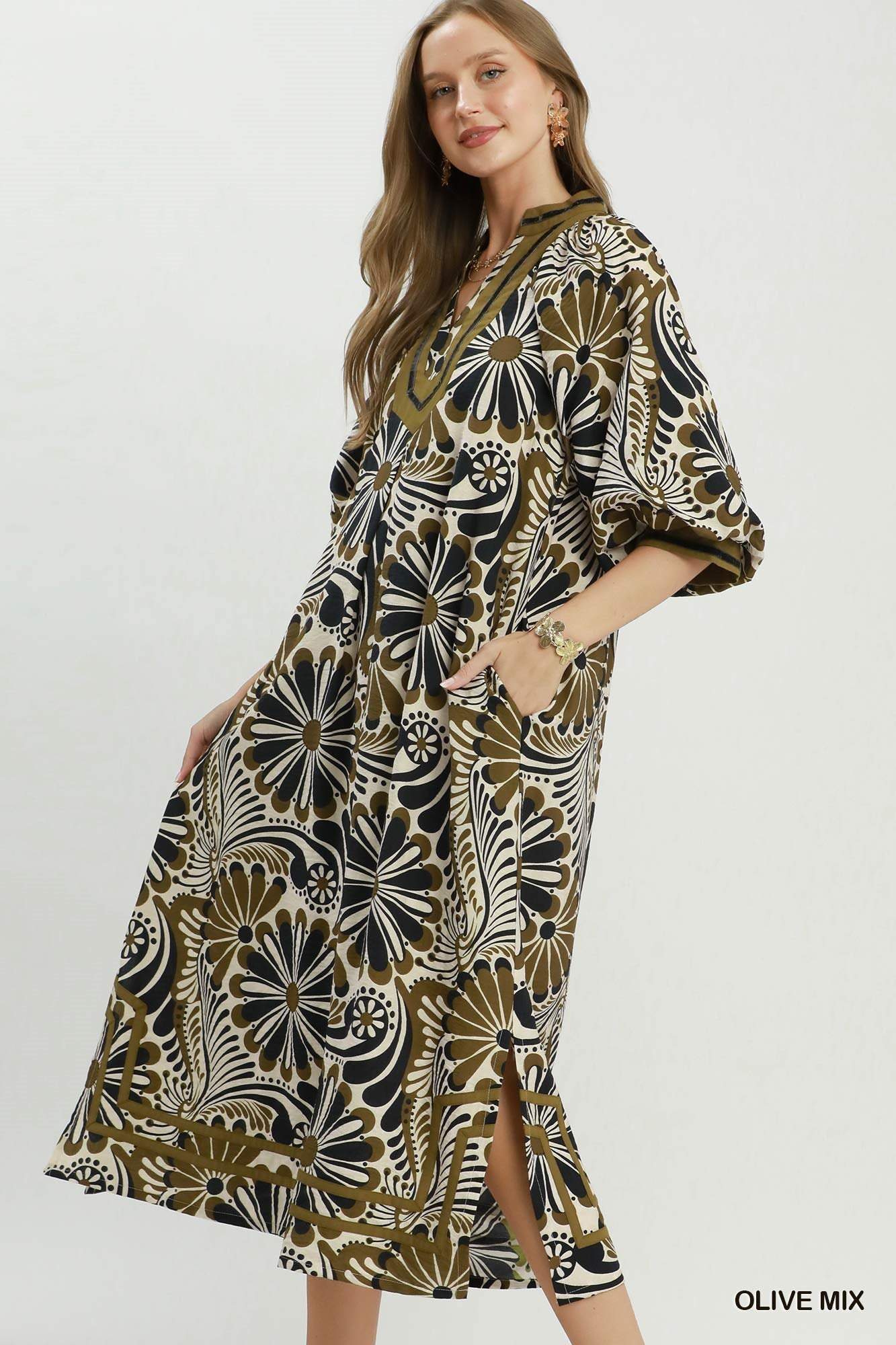 Abstract Print Midi Dress with Contrast Trim Details and Pockets