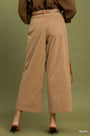 A person shown from the back wearing wide-leg cropped pants in taupe, paired with a brown belt and brown heeled mule sandals, against an olive green studio background.