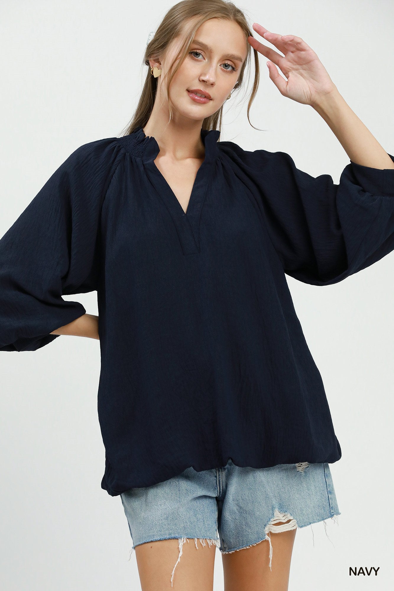 Bubble Sleeve V-Neck Smocked Collar Bubble Hem Top