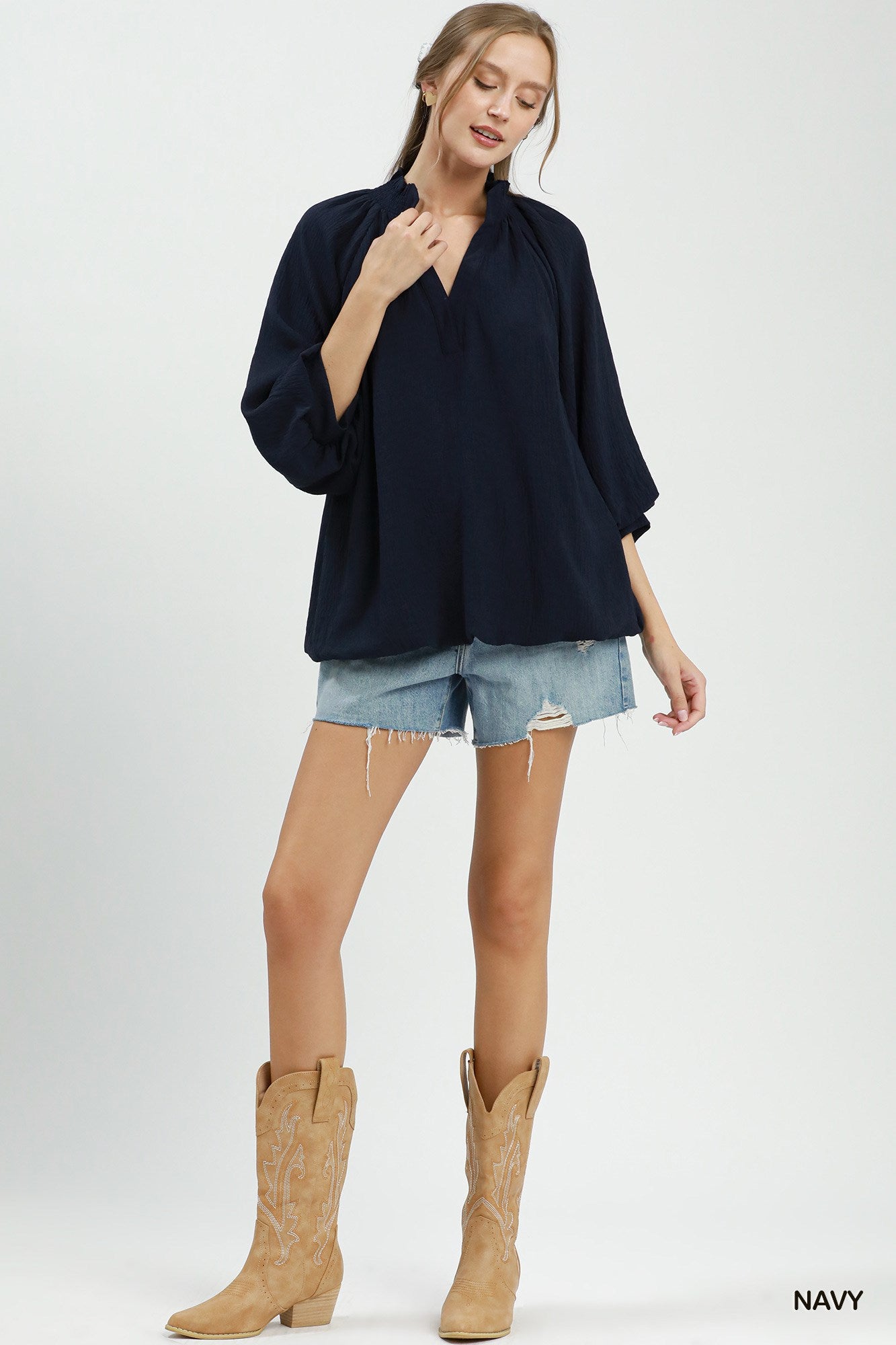 Bubble Sleeve V-Neck Smocked Collar Bubble Hem Top