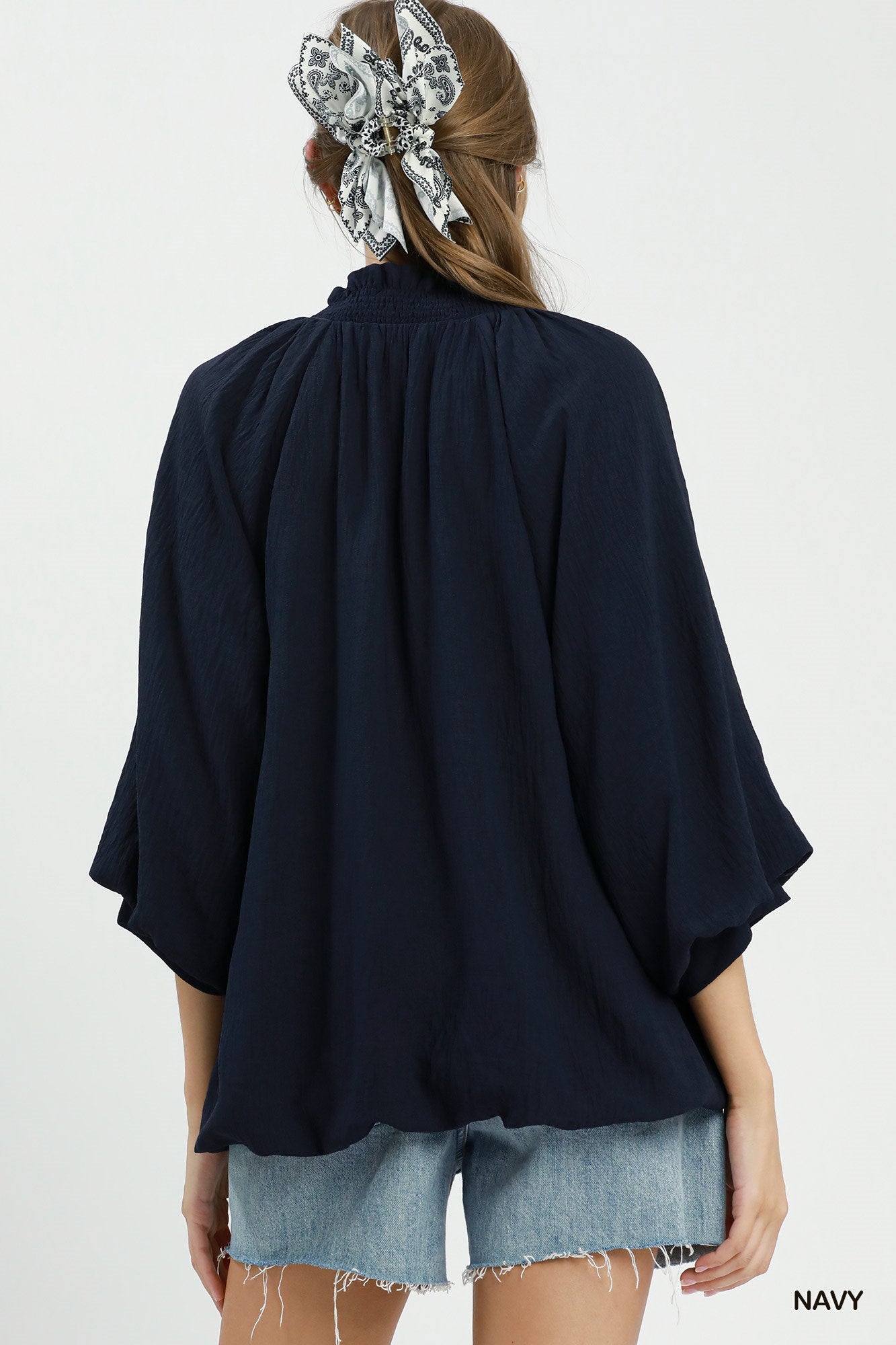 Bubble Sleeve V-Neck Smocked Collar Bubble Hem Top