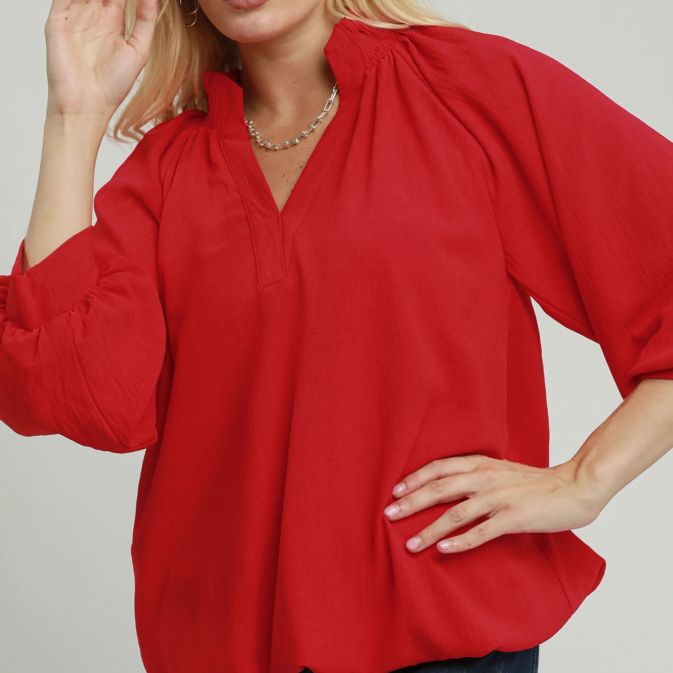 Bubble Sleeve V-Neck Smocked Collar Bubble Hem Top