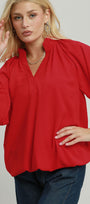 Bubble Sleeve V-Neck Smocked Collar Bubble Hem Top