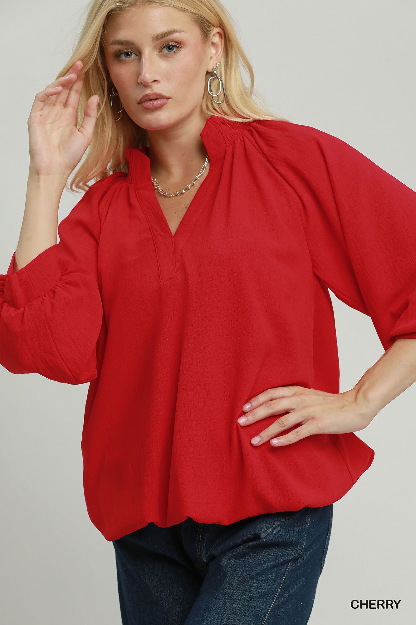 Bubble Sleeve V-Neck Smocked Collar Bubble Hem Top