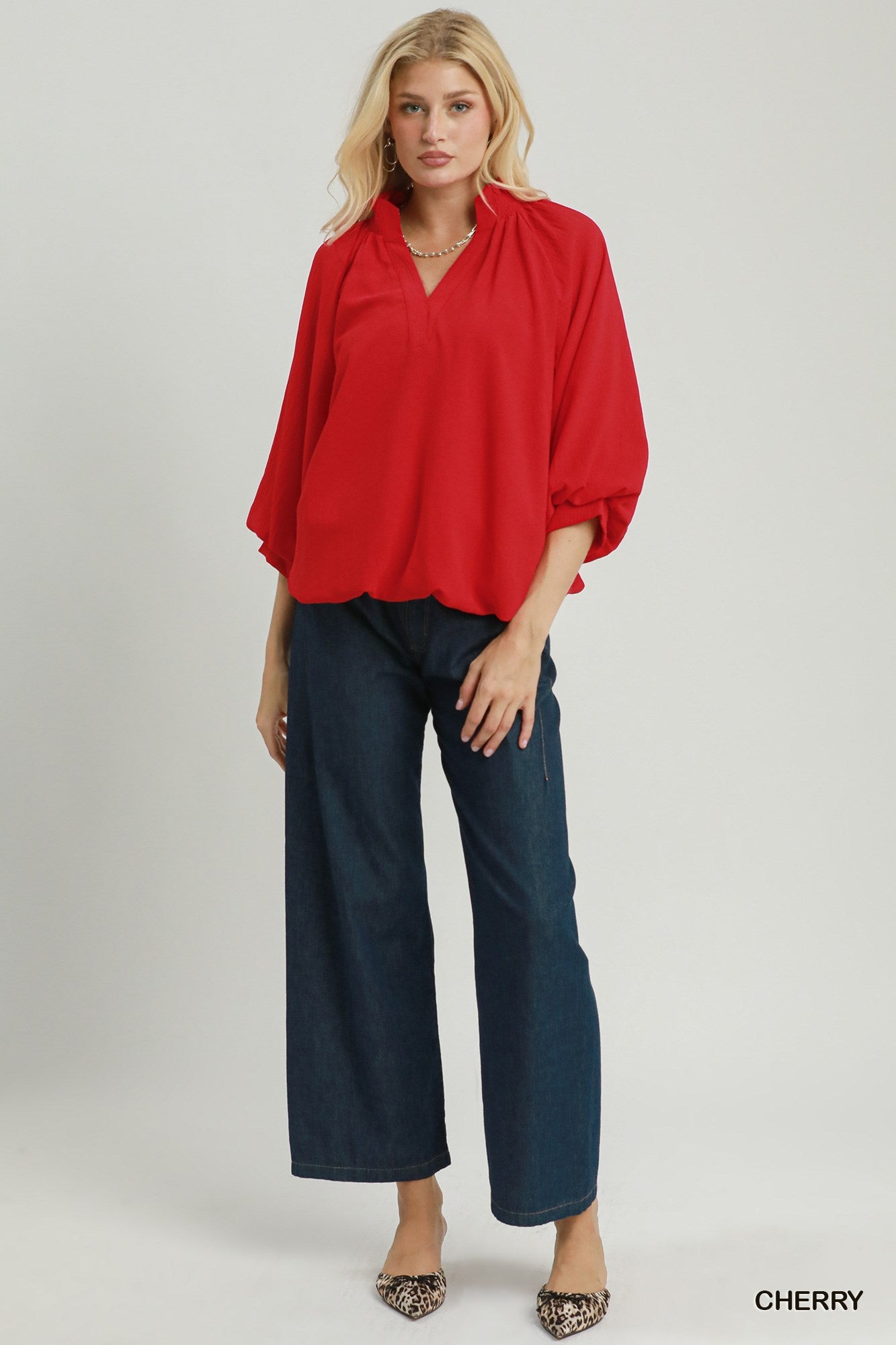 Bubble Sleeve V-Neck Smocked Collar Bubble Hem Top