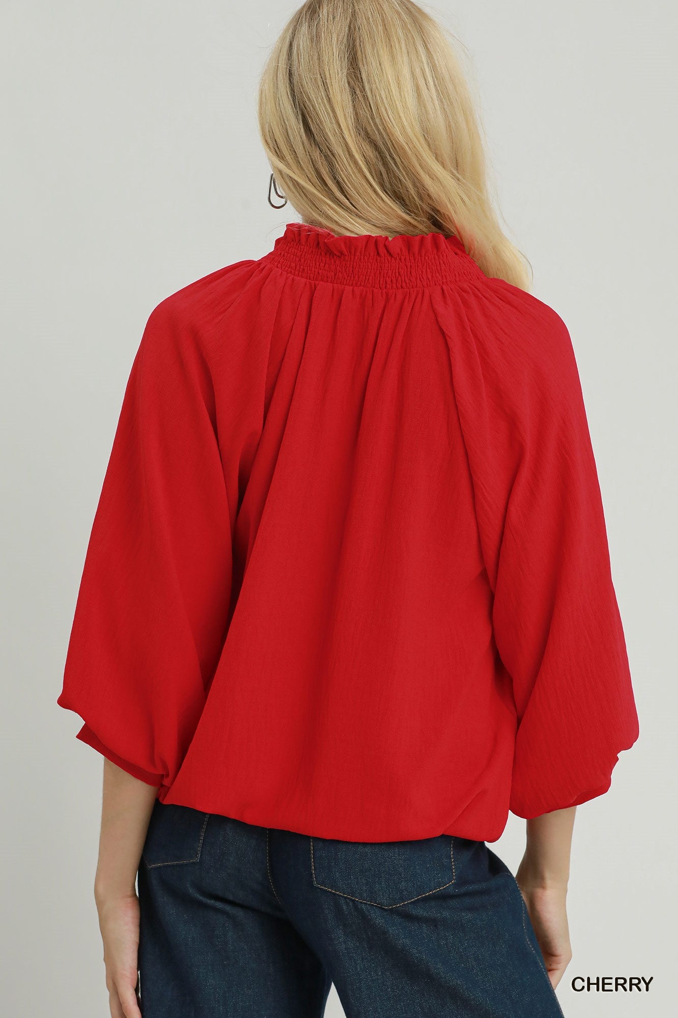 Bubble Sleeve V-Neck Smocked Collar Bubble Hem Top