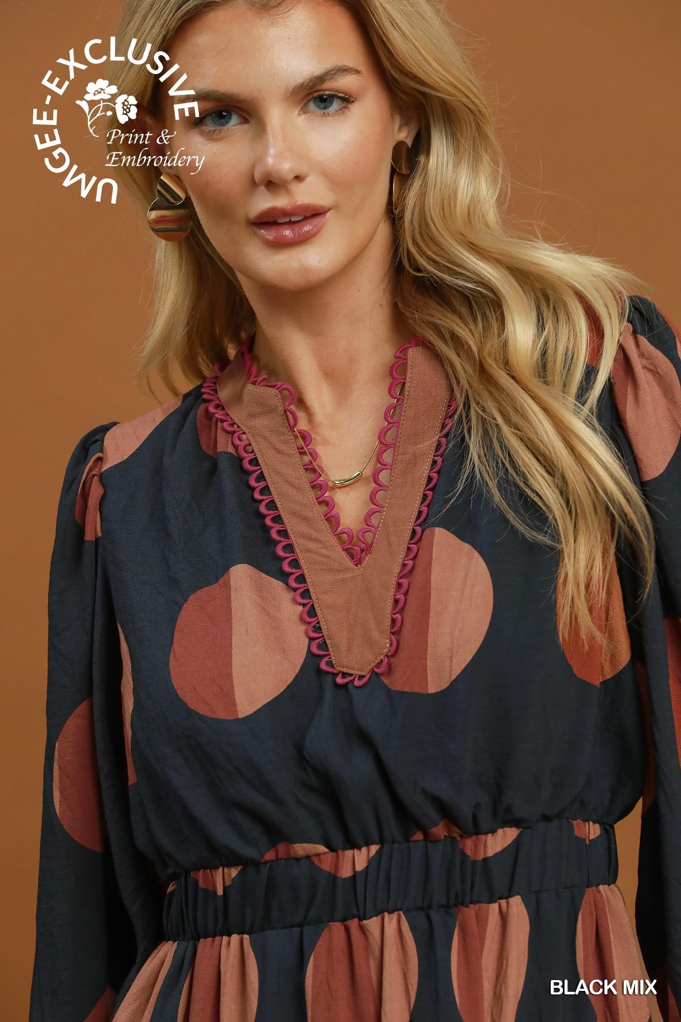 Printed V-Neck Tiered Midi Dress with Flared Sleeve and Contrast