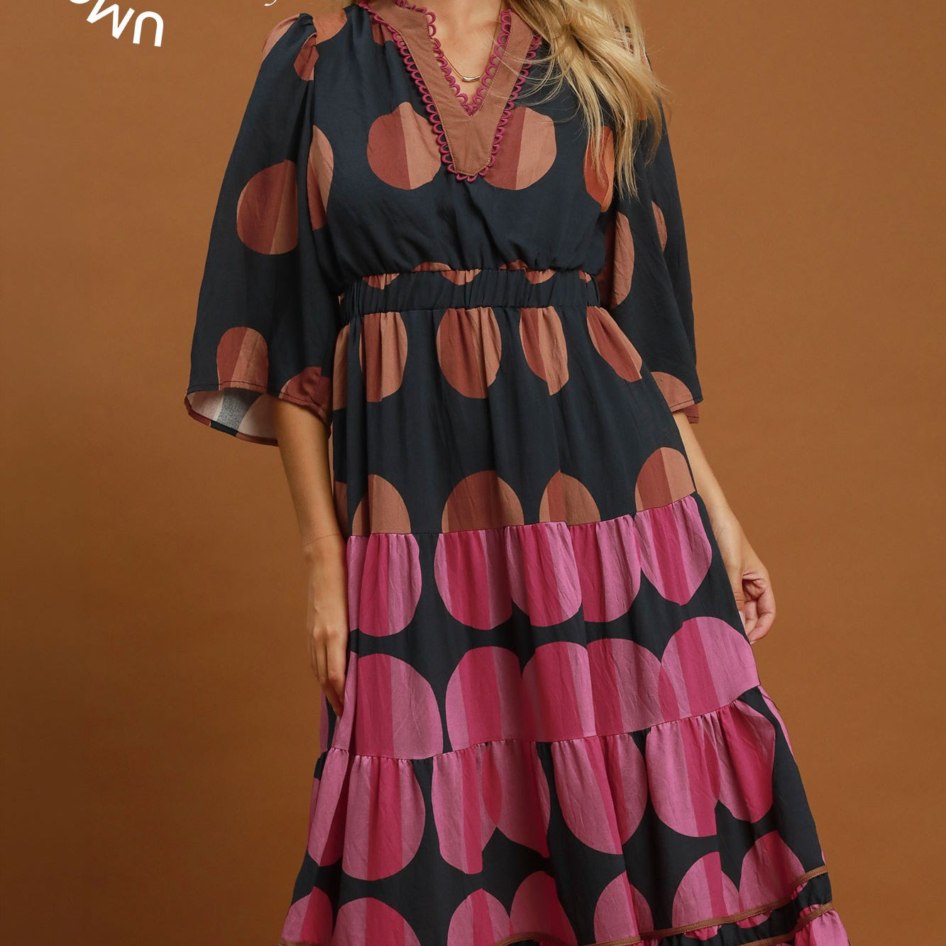 Printed V-Neck Tiered Midi Dress with Flared Sleeve and Contrast