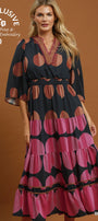 Printed V-Neck Tiered Midi Dress with Flared Sleeve and Contrast