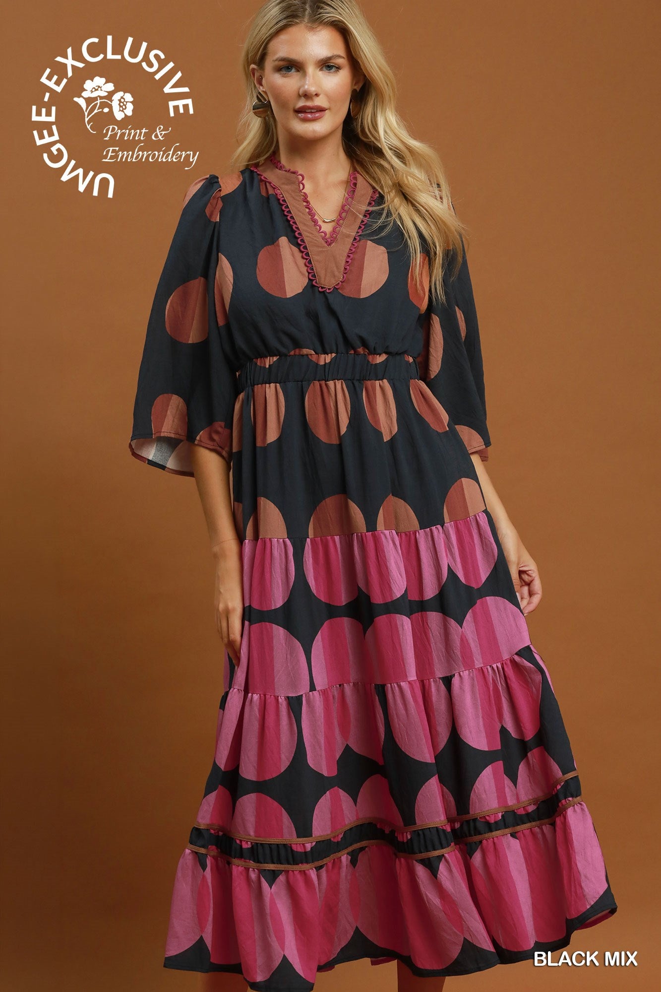 Printed V-Neck Tiered Midi Dress with Flared Sleeve and Contrast