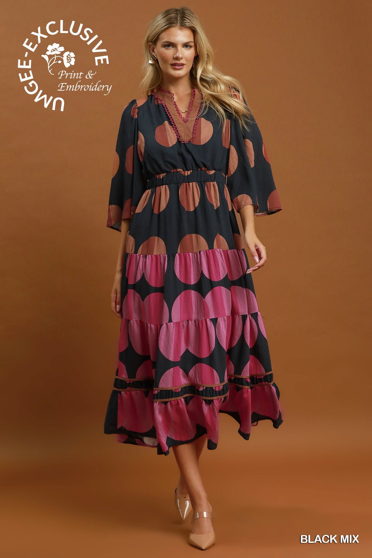 Printed V-Neck Tiered Midi Dress with Flared Sleeve and Contrast