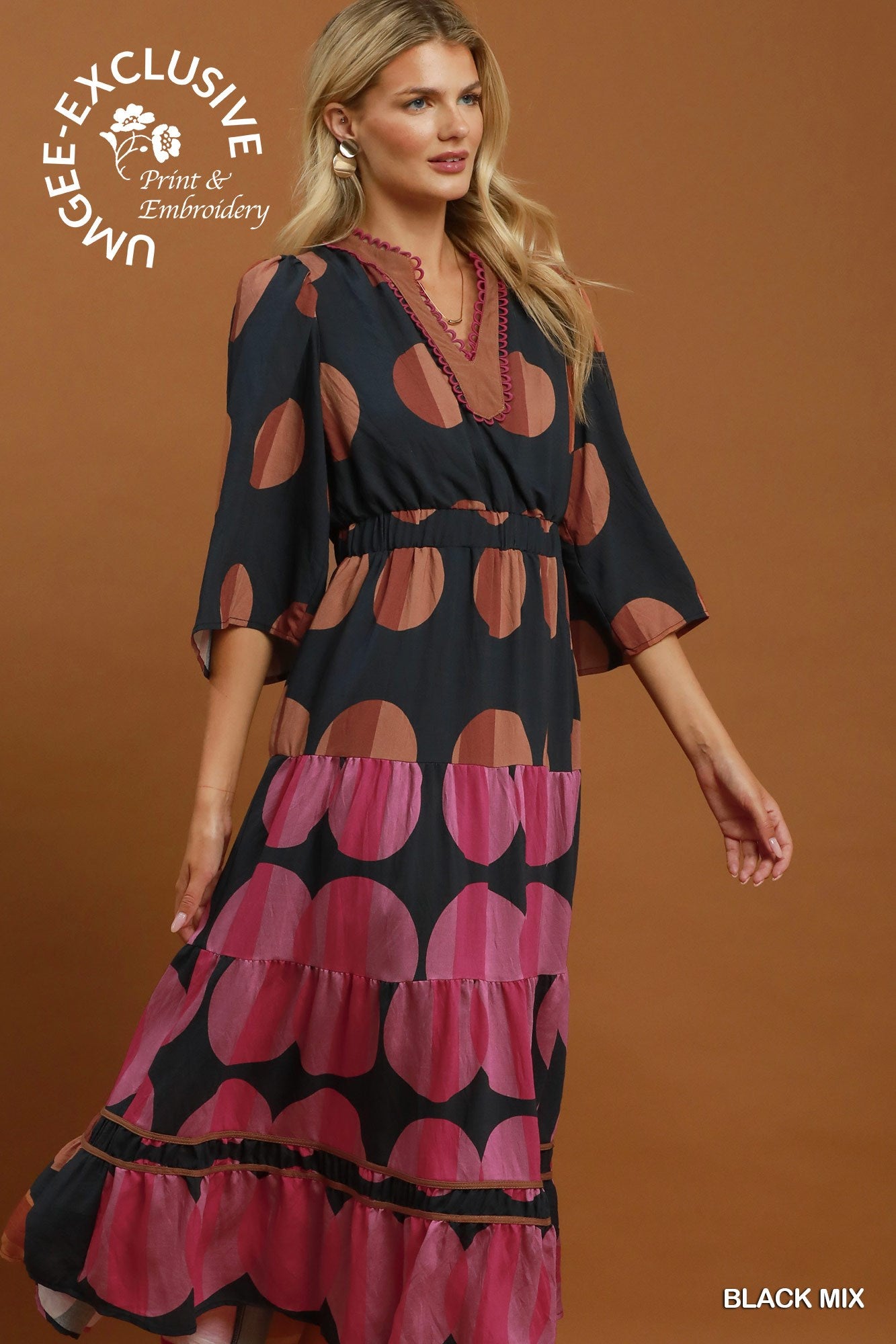 Printed V-Neck Tiered Midi Dress with Flared Sleeve and Contrast