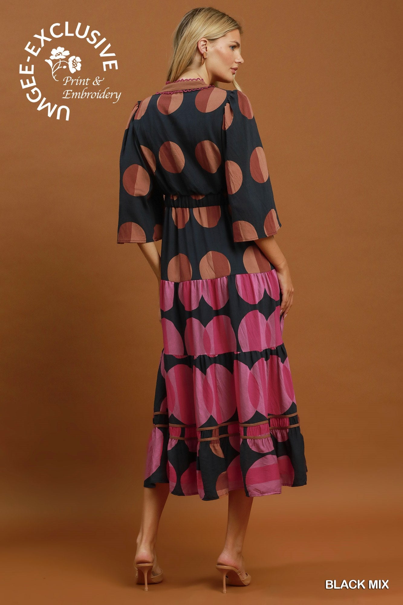Printed V-Neck Tiered Midi Dress with Flared Sleeve and Contrast