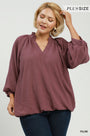Plum v-neck smocked-collar bubble hem top with 3/4 puff sleeves