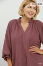 Plum v-neck smocked-collar bubble sleeve top