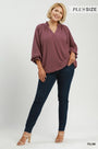 Plum V-neck bubble top with smocked collar and loose bubble sleeves (plus size)