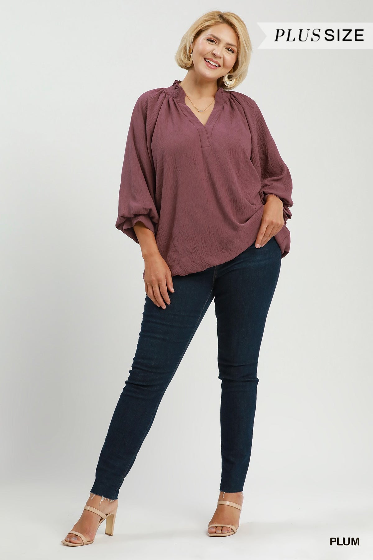 Plum V-neck bubble top with smocked collar and loose bubble sleeves (plus size)