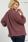 Plum bubble top back view with smocked collar and gathered loose bubble sleeves