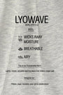 A close-up of light gray ribbed fabric with black printed text describing LYOWAVE material and product features, including 'WICKS AWAY MOISTURE', 'BREATHABLE', and 'AIRY'.