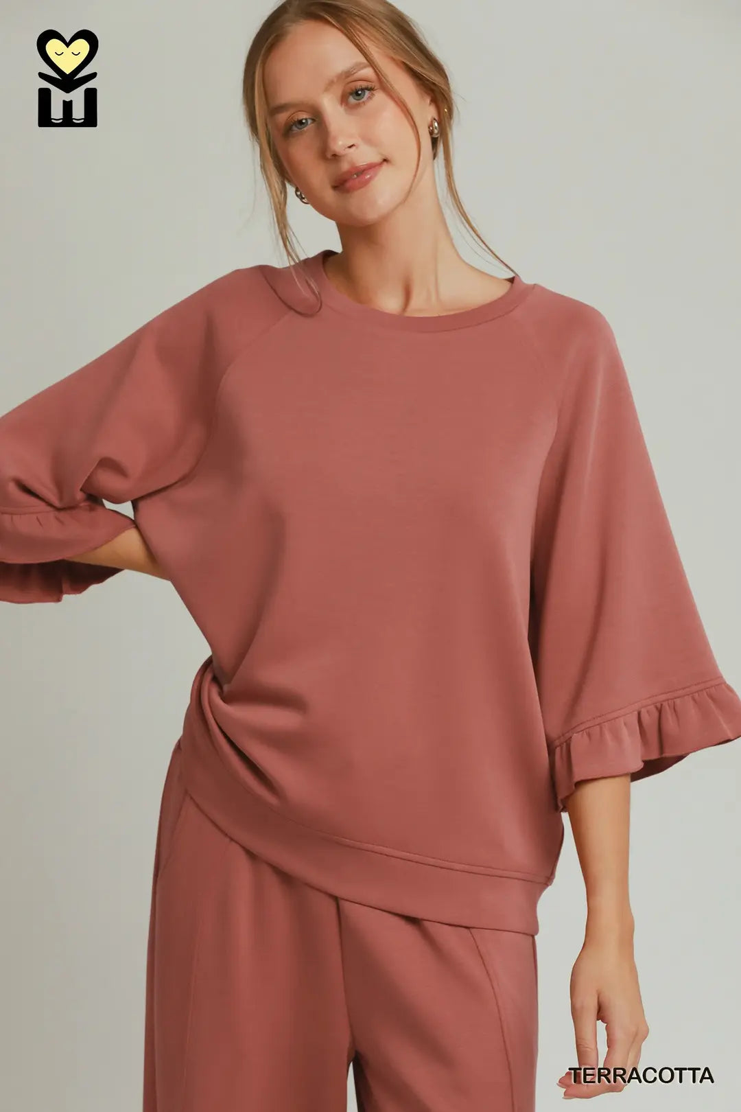 SELECT LUXENIT Round Neck Ruffle Tier Ragland Sleeve Top with Wide Leg Pants Set