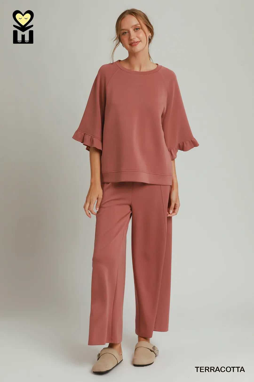 SELECT LUXENIT Round Neck Ruffle Tier Ragland Sleeve Top with Wide Leg Pants Set