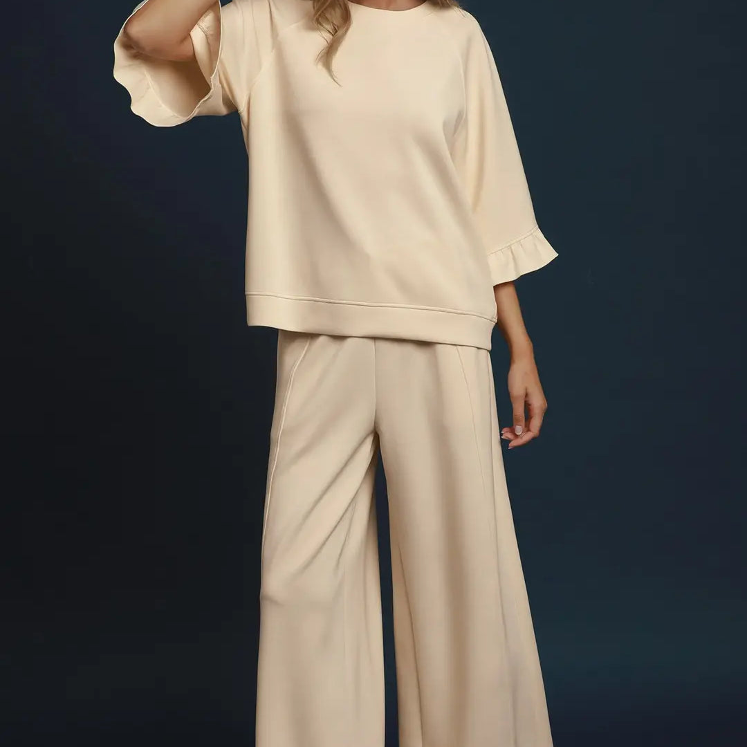 SELECT LUXENIT Round Neck Ruffle Tier Ragland Sleeve Top with Wide Leg Pants Set